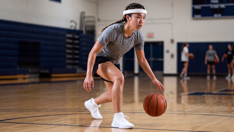 Athlete wearing MetroBand during basketball training for silent rhythm guidance, focus, coordination, and athletic performance.