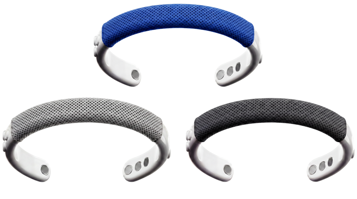 MetroBand wearable haptic headband shown with Space Silver, Sapphire Blue, and Phantom Black Cool-Fit Sleeves for breathable comfort and secure all-day wear.