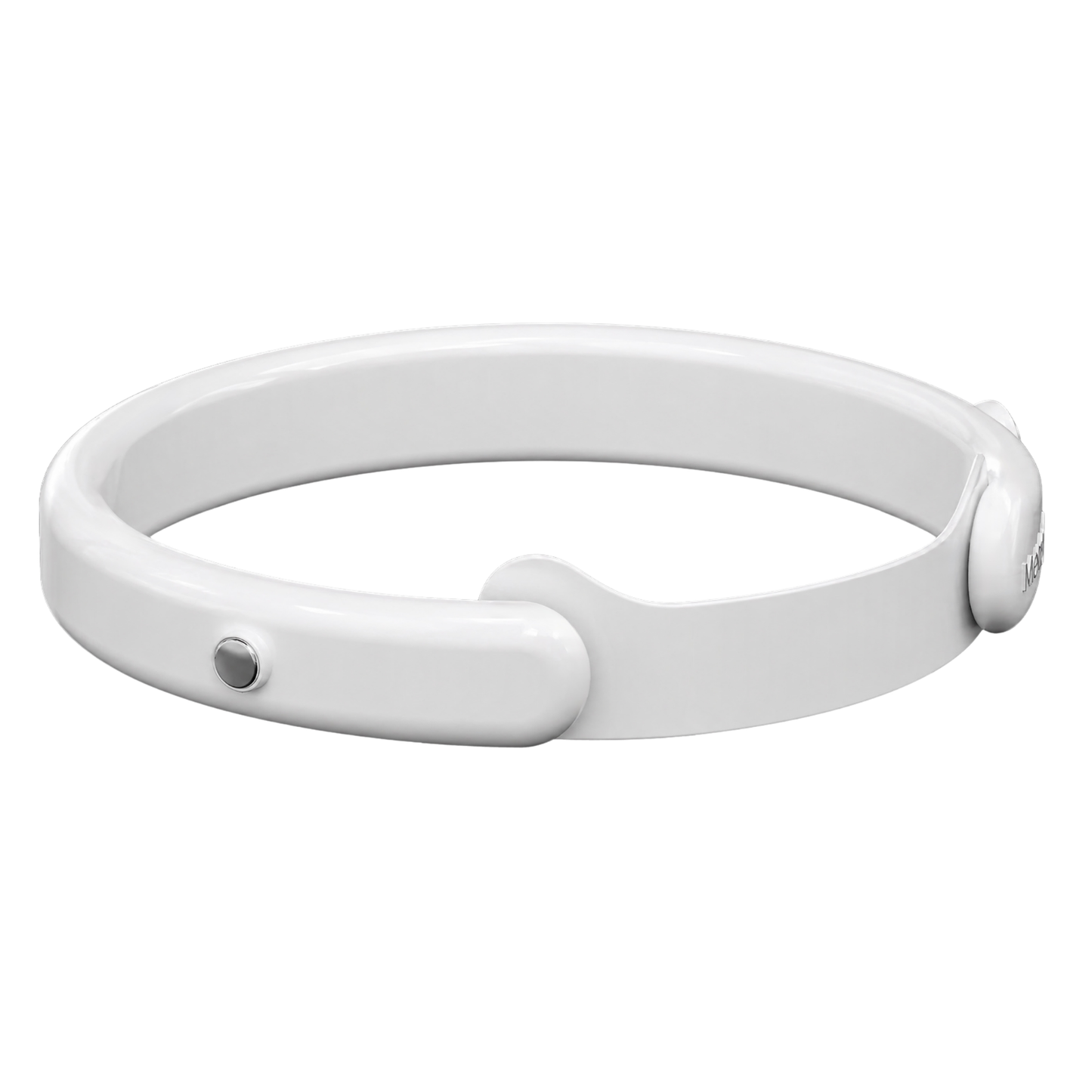 Left rear angled view of the MetroBand wearable haptic headband showcasing the curved lightweight design and adjustable magnetic fit system.