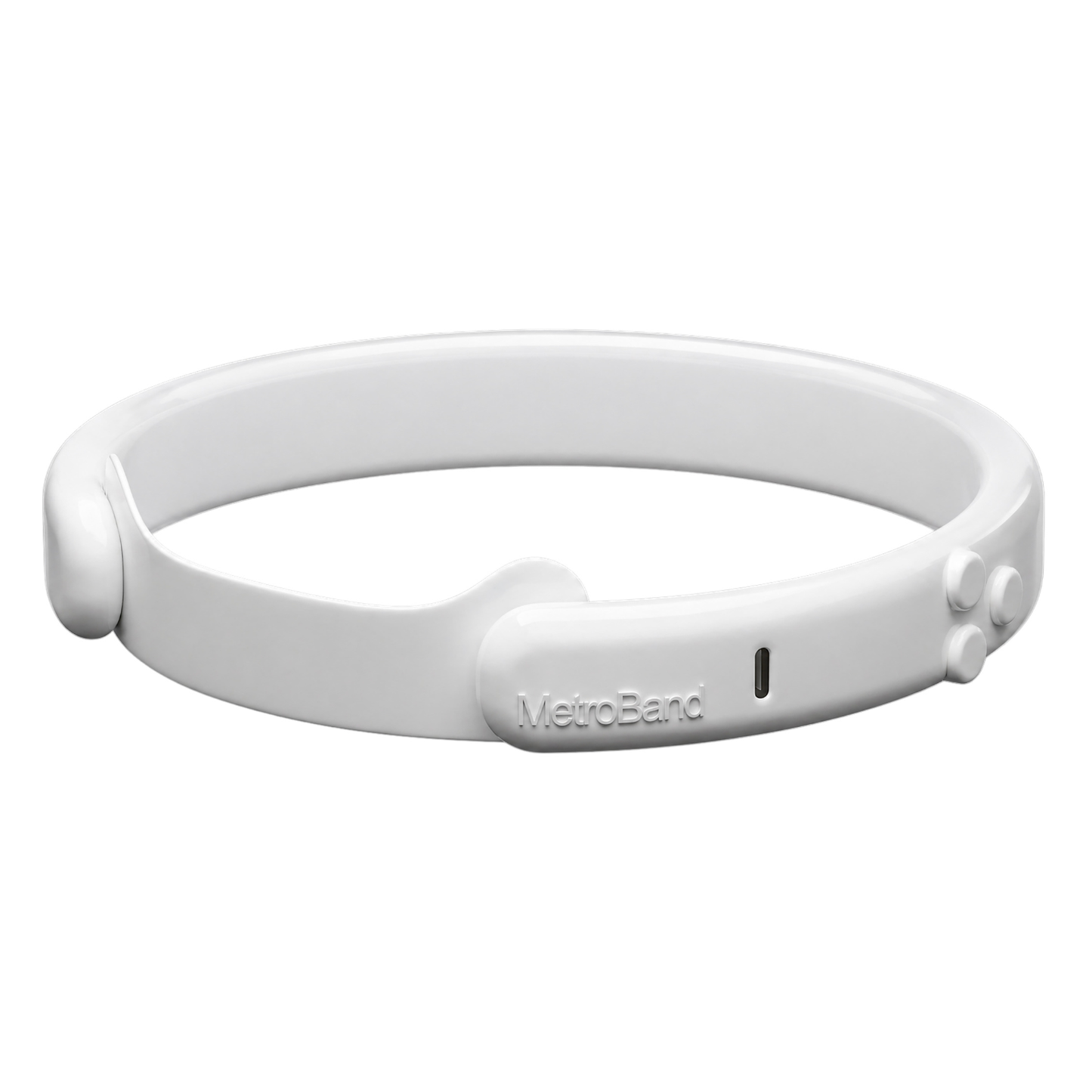 Right rear angled view of the MetroBand wearable haptic headband featuring a lightweight curved design and adjustable magnetic fit system.