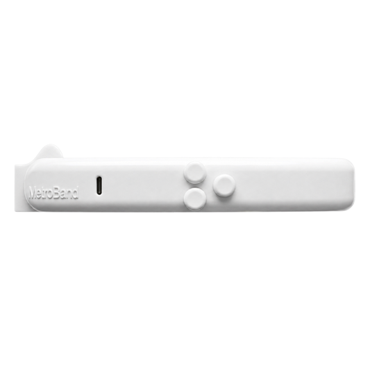 Right-side view of the MetroBand wearable haptic headband showing the USB-C charging port, three-button control system, and embossed MetroBand branding.