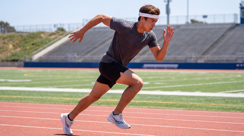 Athlete wearing MetroBand during sprint training on a running track for silent rhythm guidance, focus, and performance pacing.