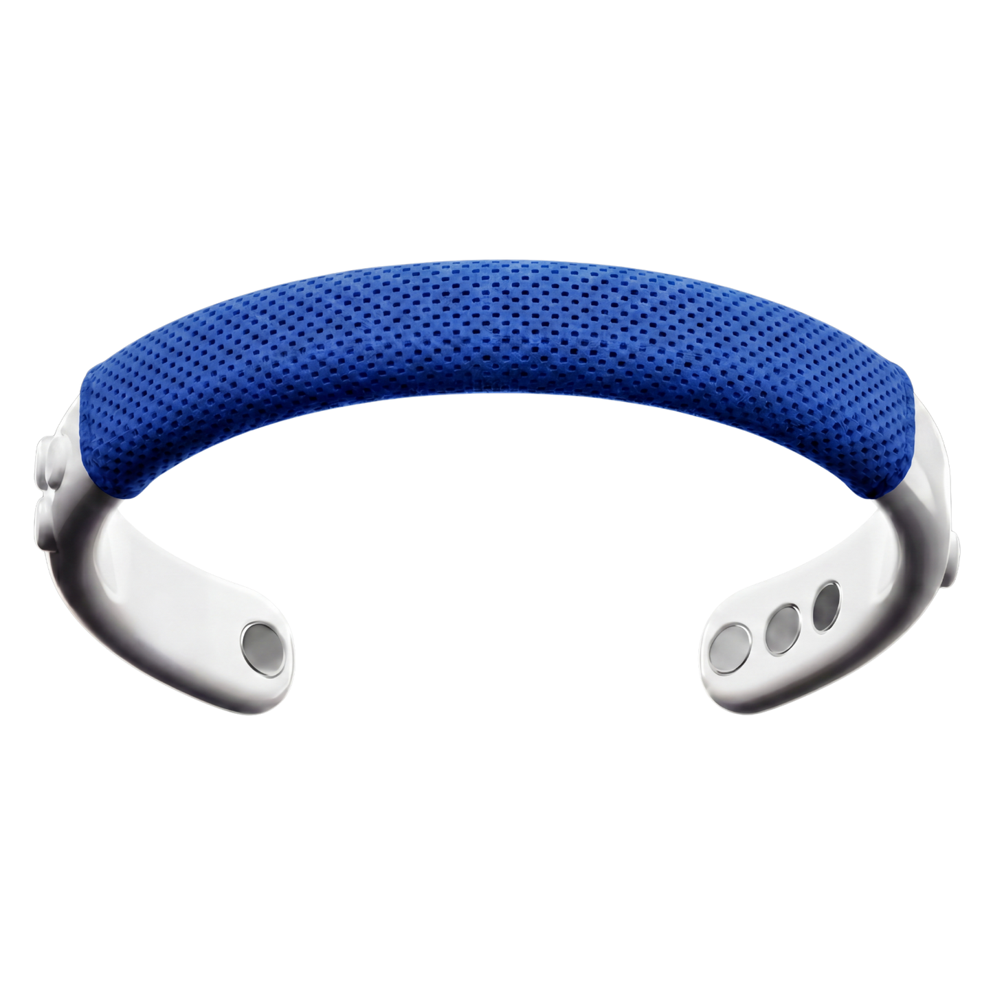 MetroBand wearable haptic headband with the Sapphire Blue Cool-Fit Sleeve attached for breathable comfort, secure fit, and silent rhythm guidance.