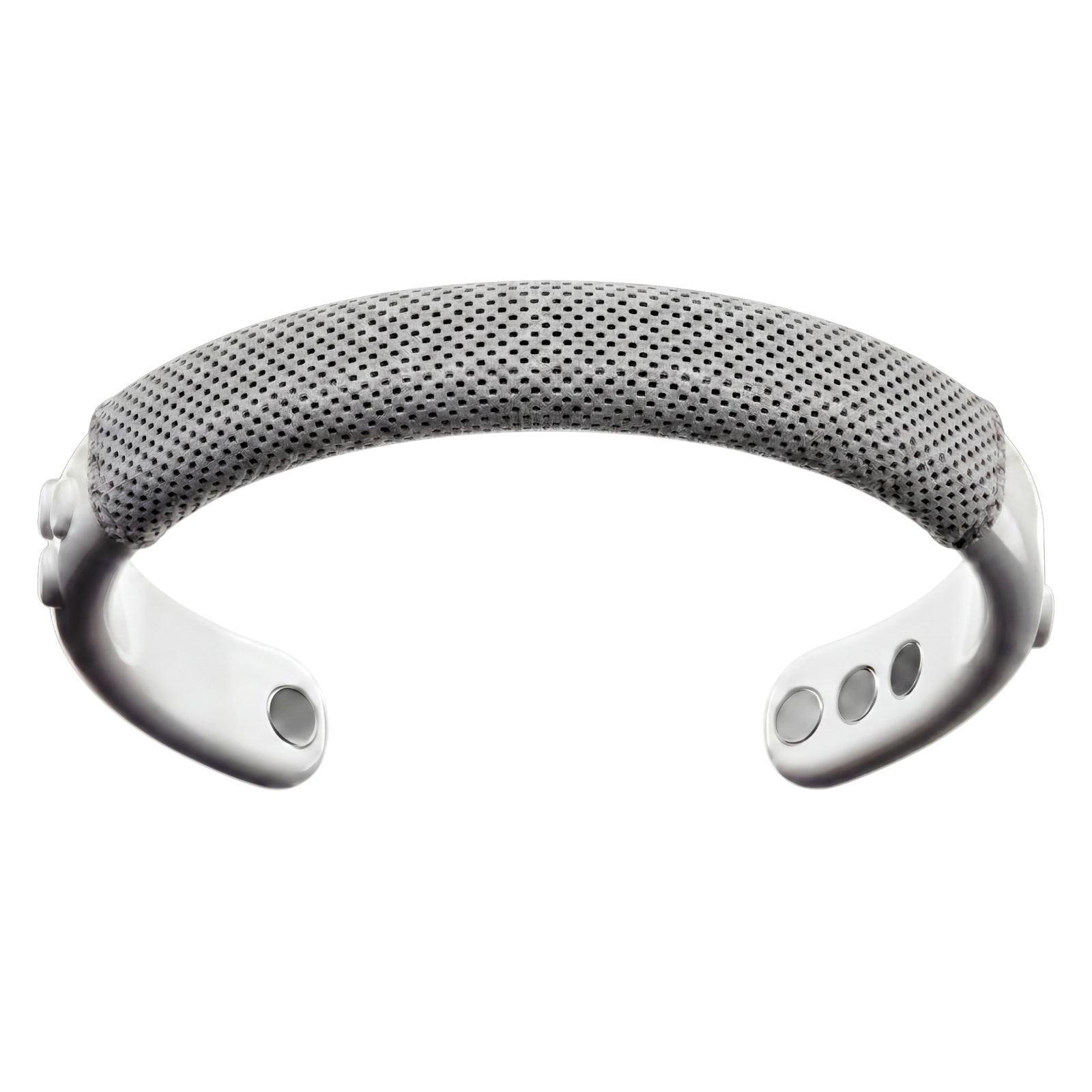 MetroBand wearable haptic headband with the Space Silver Cool-Fit Sleeve attached for breathable comfort, secure fit, and silent rhythm guidance.